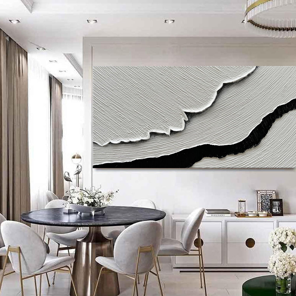 Black White Sea Waves Abstract Paintings Hand-painted Wall Art Horizontal Oil Painting Textured Art Home Living Room Bedroom Decor