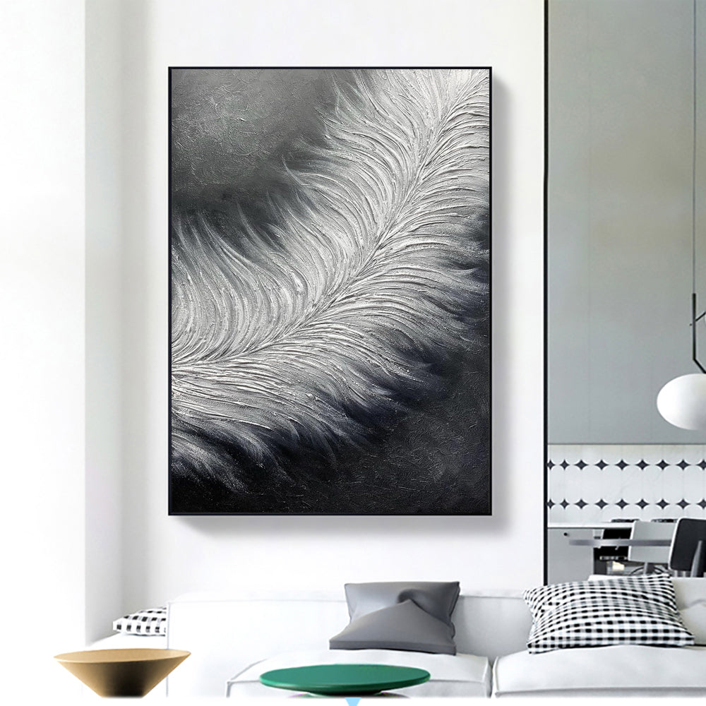 Hand Painted Black And White Oil Paintings On Canvas Abstract Feather Modern Wall Art Oversize Thick Texture Acrylic Painting Decor Special Artwork
