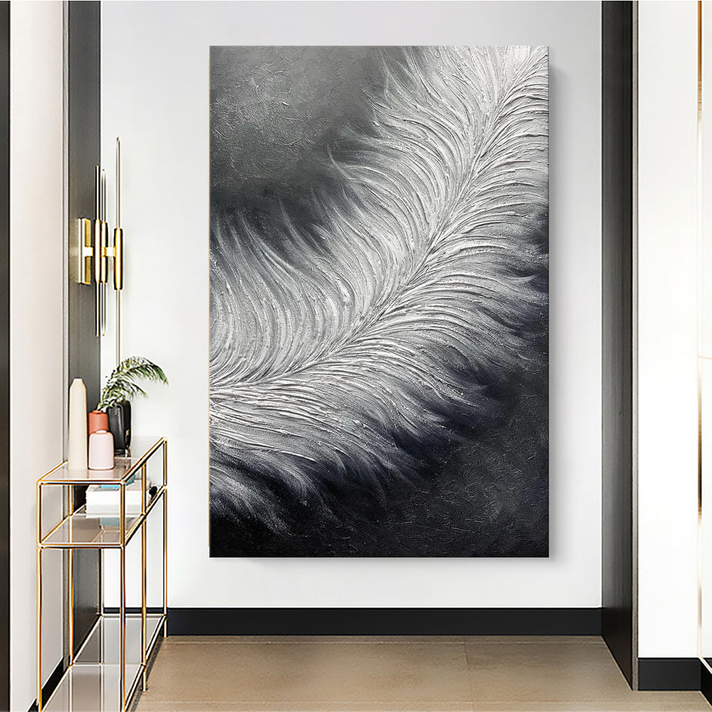 Hand Painted Black And White Oil Paintings On Canvas Abstract Feather Modern Wall Art Oversize Thick Texture Acrylic Painting Decor Special Artwork