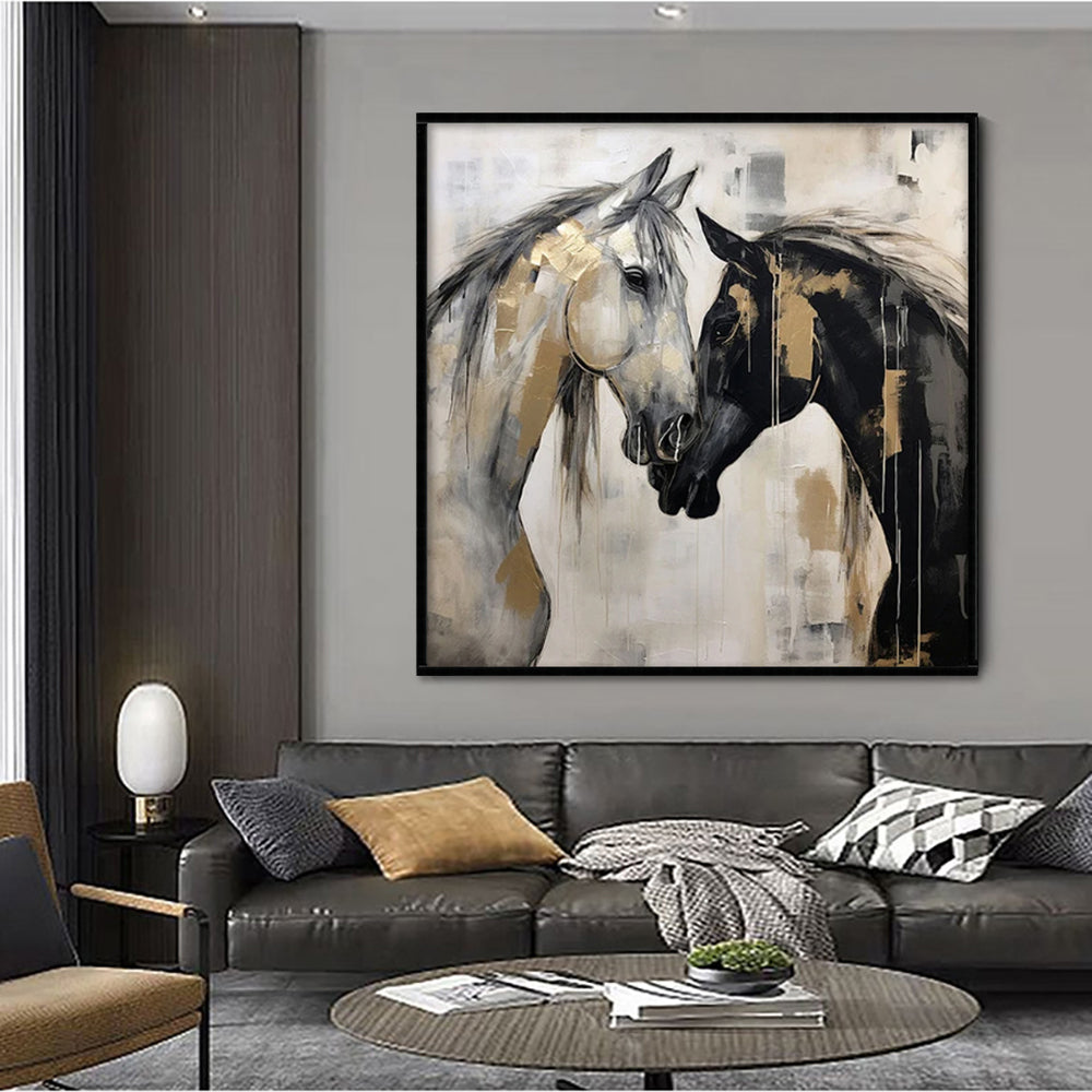 Hand-Painted Abstract Animal Horses Painting Texture Canvas Wall Art Modern Black And White Horses Painting Contemporary Office Decor