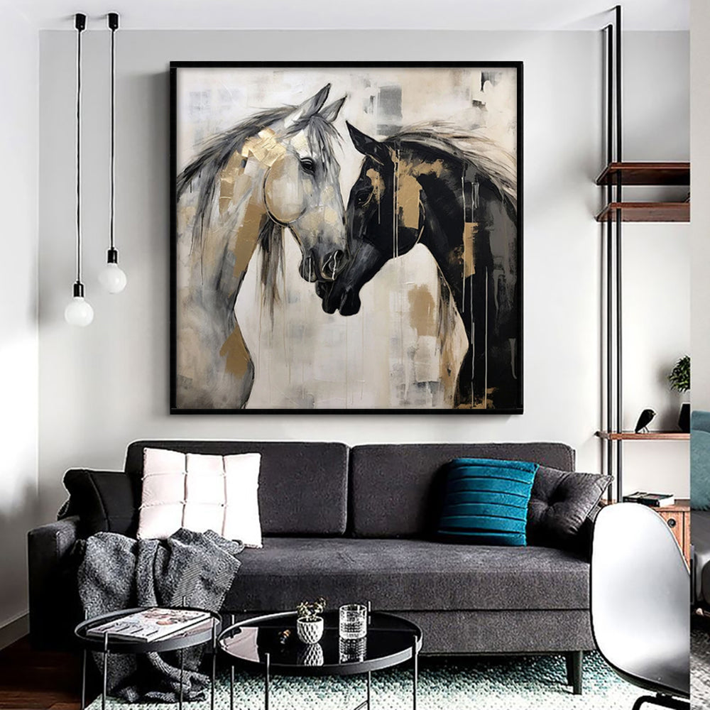 Hand-Painted Abstract Animal Horses Painting Texture Canvas Wall Art Modern Black And White Horses Painting Contemporary Office Decor