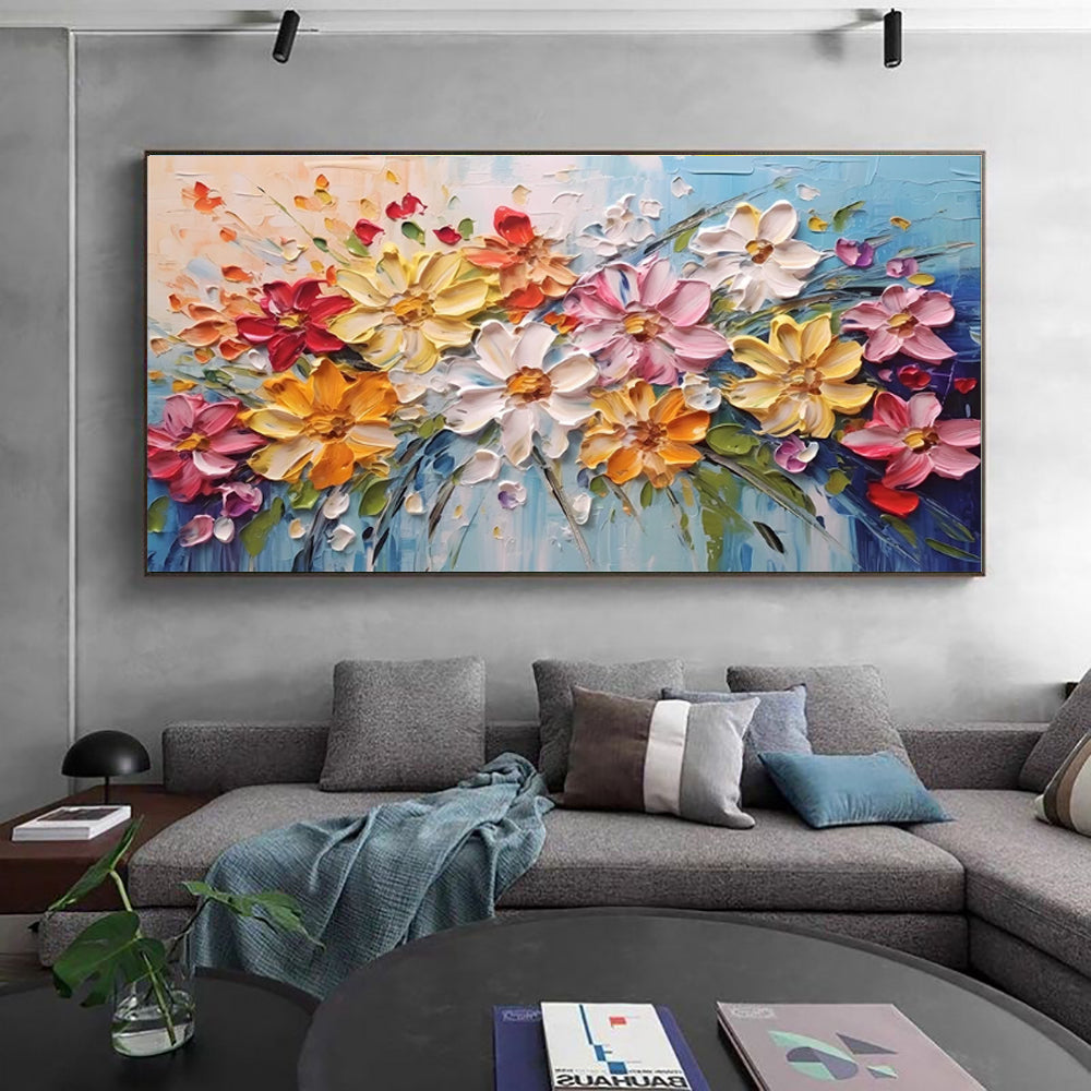 Colorful Spring Flowers Knife Thick Canvas Wall Art Original Artwork Handmade White Florals Oil Painting Beautiful Decor