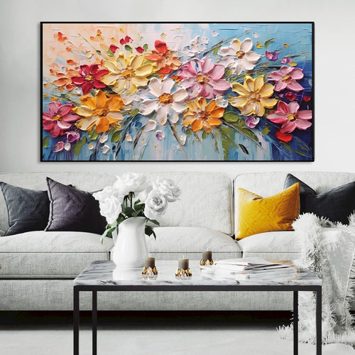 Colorful Spring Flowers Knife Thick Canvas Wall Art Original Artwork Handmade White Florals Oil Painting Beautiful Decor
